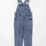 Piper Denim Straight Leg Jumpsuit with Pockets - A casual yet chic denim jumpsuit featuring a straight leg cut, practical pockets, and a timeless design, ideal for effortless everyday style. Displayed on hanger against all white background.
