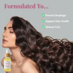 Nourishing Hair Serum Duo for smooth, shiny, and healthy-looking hair. Serum displayed along side model with long flowing hair against a light grey background.