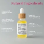 Nourishing Hair Serum Duo for smooth, shiny, and healthy-looking hair. Displayed on table listing its natural ingredients in front of grey background.
