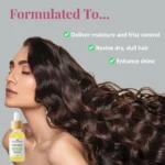 Nourishing Hair Serum Duo for smooth, shiny, and healthy-looking hair. Serum displayed along side model with long flowing hair against a light grey background.