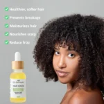 Nourishing Hair Serum Duo for smooth, shiny, and healthy-looking hair. Serum displayed against a light grey background listing its benefits along side a black model with focus on natural curly hair.
