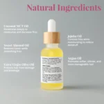 Nourishing Hair Serum Duo for smooth, shiny, and healthy-looking hair. Displayed against light grey background listing its natural ingredients.