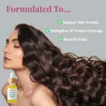 Nourishing Hair Serum Duo for smooth, shiny, and healthy-looking hair. Serum displayed along side model with long flowing hair against a light grey background.