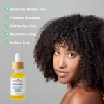 Nourishing Hair Serum Duo for smooth, shiny, and healthy-looking hair. Serum displayed against a light grey background listing its benefits along side a black model with focus on natural curly hair.