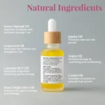 Nourishing Hair Serum Duo for smooth, shiny, and healthy-looking hair. Displayed on table listing its natural ingredients in front of grey background.