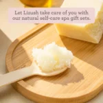 Reviving skincare set with grapefruit body scrub and nourishing shea butter cream, displayed in a spoon, grated, on a cutting board, along side boby bar– perfect for exfoliating and hydrating dry skin.