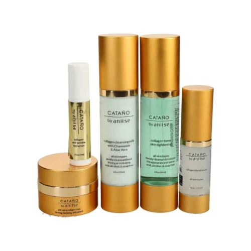 Collagen Anti-Aging Set by Adriana Catano featuring serum, moisturizer, and eye cream designed to reduce fine lines, firm skin, and boost collagen for a youthful glow. Displayed against a white background.