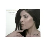 Model displaying luminous youthful facial skin tone.. Adriana Catano logo with Brand & mission statement displayed.