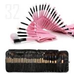 Complete 32-piece professional wooden makeup brush set with soft bristles and eco-friendly handles, ideal for flawless full-face makeup application. Displayed against a white background including a makeup brush pouch.