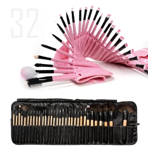 Complete 32-piece professional wooden makeup brush set with soft bristles and eco-friendly handles, ideal for flawless full-face makeup application. Displayed against a white background including a makeup brush pouch.