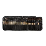 Complete 32-piece professional wooden makeup brush set with soft bristles and eco-friendly handles, ideal for flawless full-face makeup application. Displayed against a white background with makeup brushes in pouch.