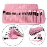 Complete 32-piece professional wooden makeup brush set with soft bristles and eco-friendly handles, ideal for flawless full-face makeup application. Displayed against a white background showing makeup brushes in pouch.