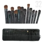 Complete 32-piece professional wooden makeup brush set with soft bristles and eco-friendly handles, ideal for flawless full-face makeup application. Displayed against a white background including a makeup brush pouch.
