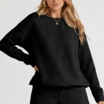 Adalyn loungewear set featuring a textured long sleeve top and matching drawstring shorts, cozy and stylish two-piece lounge outfit for women.