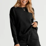 Adalyn loungewear set featuring a textured long sleeve top and matching drawstring shorts, cozy and stylish two-piece lounge outfit for women.