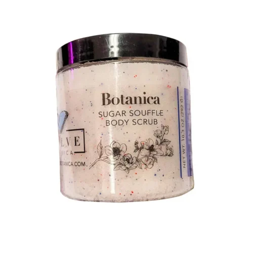 Botanica Sugar Soufflé Body Polish in a glass jar with natural sugar crystals and botanical oils – luxury exfoliating body scrub for glowing skin