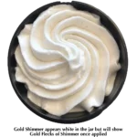 An oen jar of Organic gold shimmer whipped body butter jar with a rich, luxurious formula for soft, glowing skin.