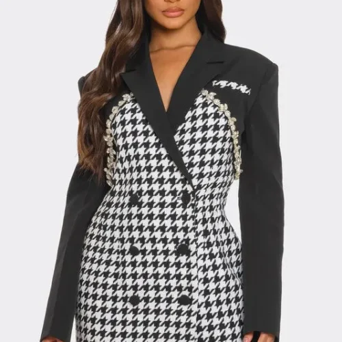 Chic Monochrome Glam Houndstooth Blazer Dress featuring a bold black-and-white pattern, tailored fit, and sophisticated design — a statement look for modern, confident women by BeautyPlusFashion.