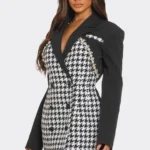Side view of chic Monochrome Glam Houndstooth Blazer Dress featuring a bold black-and-white pattern, tailored fit, and sophisticated design — a statement look for modern, confident women by BeautyPlusFashion.
