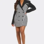 Chic Monochrome Glam Houndstooth Blazer Dress featuring a bold black-and-white pattern, tailored fit, and sophisticated design — a statement look for modern, confident women by BeautyPlusFashion.