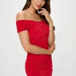 Model wearing an elegant off shoulder bodycon midi dress in a curve-hugging fit, showcasing a chic and stylish look perfect for parties or evening events — BeautyPlusFashion.