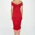 Back view of off shoulder bodycon midi dress featuring a sleek silhouette. - BeautyPlusFashion.”