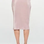 Back view of elegant Made in USA solid plissé midi skirt with side slit, showcasing lightweight pleated texture and timeless chic design — perfect for day-to-night wear by BeautyPlusFashion.