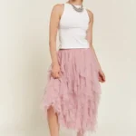 Stylish layered polka dot mesh lined midi skirt for women, flowy and elegant, perfect for casual or party wear.