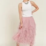 Stylish layered polka dot mesh lined midi skirt for women, flowy and elegant, perfect for casual or party wear.