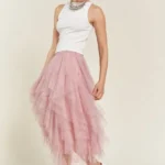 Stylish layered polka dot mesh lined midi skirt for women, flowy and elegant, perfect for casual or party wear.