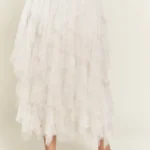 Stylish layered polka dot mesh lined midi skirt for women, flowy and elegant, perfect for casual or party wear.