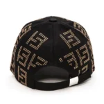 Front view of studded logo baseball cap with sparkling embellishments.