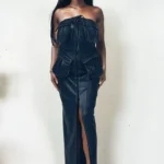 Model wearing Athina button-detailed PU leather dress, perfect for night-out or party look