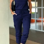 Front view of crew neck short sleeve jumpsuit with drawstring waist, lightweight summer one-piece outfit for women.