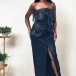 Athina black PU leather dress with button detailing, fitted silhouette, and chic design