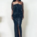 Model wearing Athina button-detailed PU leather dress, perfect for night-out or party look