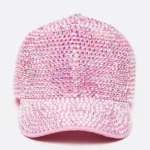 Front view of full stone iconic pink baseball cap featuring sparkling rhinestone embellishments — BeautyPlusFashion.