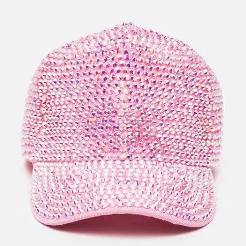 Front view of full stone iconic pink baseball cap featuring sparkling rhinestone embellishments — BeautyPlusFashion.