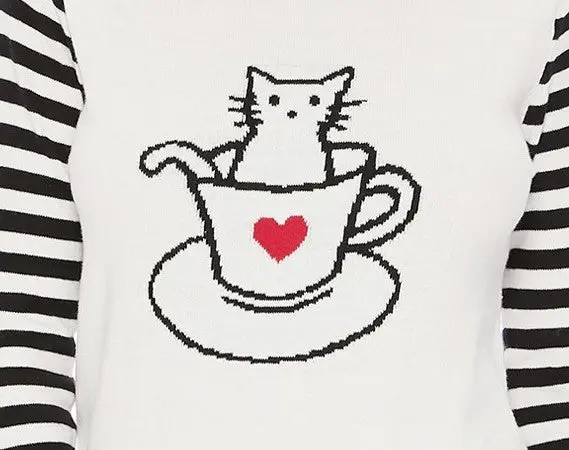 Close-up of cat in cup jacquard design on sweater top for women