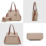 MKF Kearny Women’s Tote Handbag and Wallet Set displayed together showing all sides — front, back, side, bottom, and wallet design