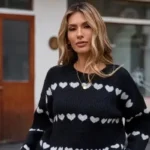 Women’s heart print knit sweater – soft, cozy, trendy fall and winter top