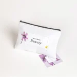 Lavender-themed beauty pouch from spa gift box for storing bath and body essentials