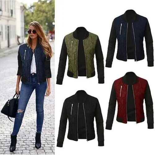Woman wearing a chic quilted satin bomber jacket unzipped, showing a relaxed layered look.