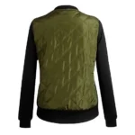 Back view of a women’s quilted satin bomber jacket showing a sleek, fitted silhouette.