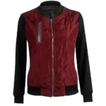 Front view of a chic Babe quilted satin bomber jacket fully zipped for a sleek look.