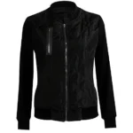 Front view of a women’s satin bomber jacket with quilted texture and glossy finish.
