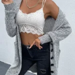 Front open view of gray knit hooded cardigan featuring soft textured knit fabric, relaxed fit silhouette, long sleeves, and attached hood, styled for effortless fall and winter layering.