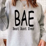 Close-up of BAE Best Aunt Ever sweatshirt graphic showing clean print detail and comfortable crewneck design.