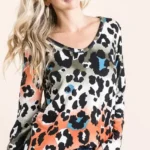Model wearing a soft leopard print u neck top with lightweight fabric and relaxed fit, styled for casual everyday fashion.