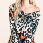 Model wearing a soft leopard print u neck top with lightweight fabric and relaxed fit, styled for casual everyday fashion.